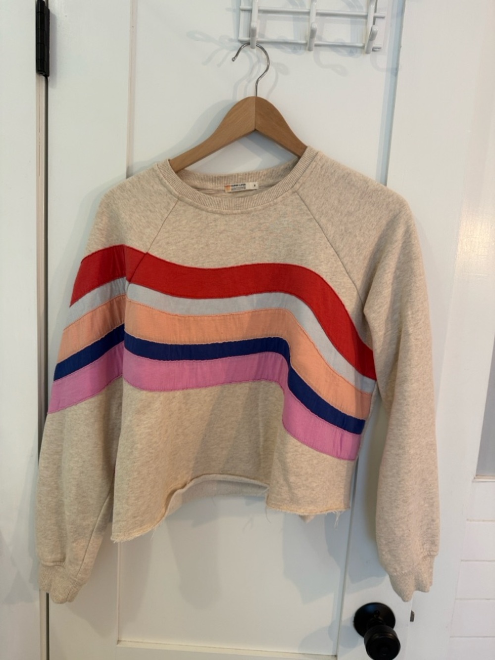 Marine Layer Cream Sweatshirt with Red, Peach, Navy & Pink Stripes